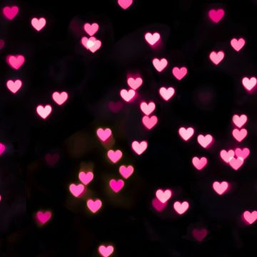 Pink hearts, Illuminated, Black background, Bokeh, Glowing lights, Vibrant, Blurred, Heart shape