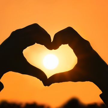 Sunset, Silhouette, Heart shape, Hands together, Valentine's Day, Sunburst Gold, Orange background, February