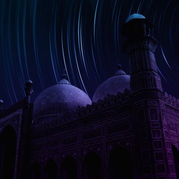 Badshahi Mosque, Lahore, Pakistan, Star Trails, Dark background, Night time, Neon colors, Dome, Ancient architecture, Long exposure, Timelapse, Dark aesthetic, Islamic, Arab, Spiritual