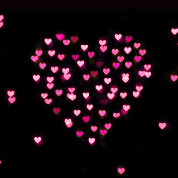 Pink hearts, Black background, Bokeh, Glowing lights, Vibrant, Blurred, Heart shape, Valentine's Day, Love heart, 5K, Dark aesthetic, February