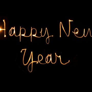 Happy New Year, Black background, New Year's Eve, Greetings, Holidays, January, Golden letters, Hand Written, Sparklers, 5K, 8K