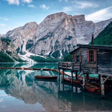 Lake Braies, Italy, Wooden House, Boats, Mountains, Glacier, Snow, Body of Water, Reflection, Landscape, Scenery, Travel, 5K