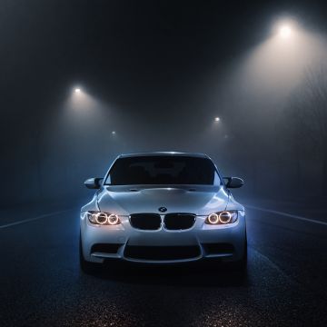 BMW M3, White cars, Dark background, Night time, Street lights, Foggy night, Automobile, 5K