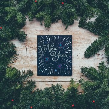 Happy New Year, Christmas decoration, Christmas tree, Branches, Wooden background