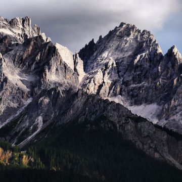 Dolomites, Mountain range, Italy, Snow covered, Glacier, Mountain View, Green Trees, Daytime, Landscape