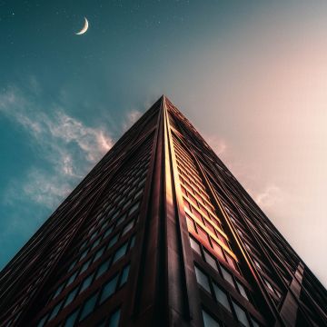 Building, Skyscraper, Crescent Moon, Starry sky