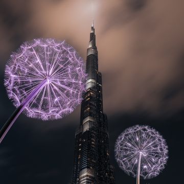 Burj Khalifa, United Arab Emirates, Dubai, Skyscraper, Modern architecture, High rise building, Dandelion flowers, Low Angle Photography, Sky view, Night time, Clouds, 5K