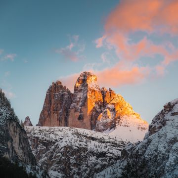 Tre Cime di Lavaredo, Italy, Mountain range, Rock formations, Snow covered, Glacier, Landscape, Mountain View, Peaks, Alps, Golden hour, Sunset, Scenery, 5K, 8K