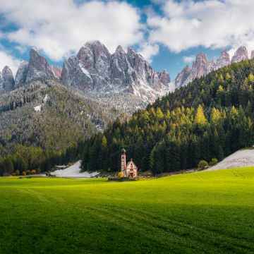 Church Of St Johann, Villnoss, Italy, Alps, Dolomites, Mountain range, Snow covered, Landscape, Scenery, Cathedral, Glacier mountains, Green Grass, Trees, Clouds, Famous Place, Tourist attraction, 5K, 8K