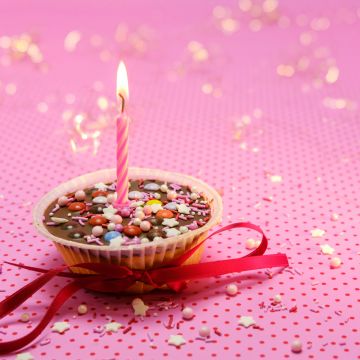 Muffin, Cupcake, Candle light, Red Ribbon, Pink background, Sugar sprinkles, Dessert, Birthday, Aesthetic, 5K