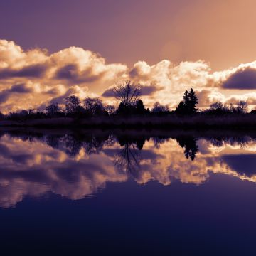 Lake, Sunset, Body of Water, Twilight, Evening sky, Clouds, Reflection, Trees, Dusk, Scenery, Panorama, 5K, 8K