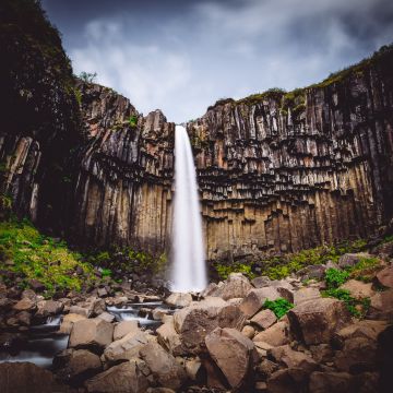 Svartifoss waterfall, Iceland, Vatnajökull National Park, Lava columns, Rocks, Cliff, 5K