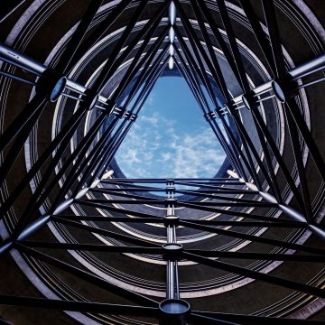 Multistorey car park, Looking up at Sky, Symmetrical, Pattern, Blue Sky, Circular, Structure, 5K