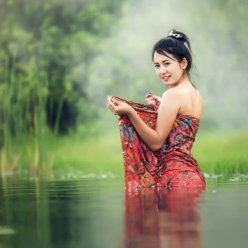 Asian Girl, Teen, Lake, Pond, Bath time, Portrait, Smiling, Thailand, 5K, 8K