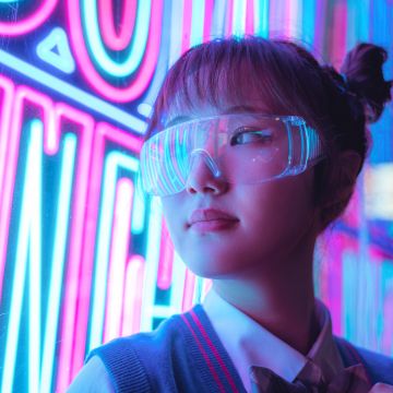 Girl, Neon Lights, Purple, Glow, Cyberpunk, Asian Girl, Neon glow, 5K, 8K