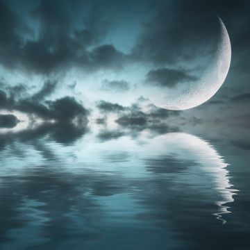 Ocean, Crescent Moon, Sea, Body of Water, Reflection, Dark clouds, Night sky, Scenery, 5K, 8K