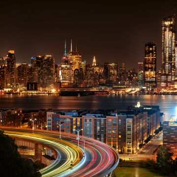 New York City, New Jersey, Cityscape, City lights, Night time, Skyscrapers, Long exposure, Roads