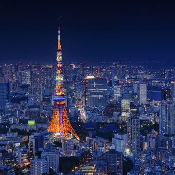 Tokyo Tower, Japan, Metal structure, Cityscape, City lights, Night time, Landmark, Skyscrapers, Dark blue