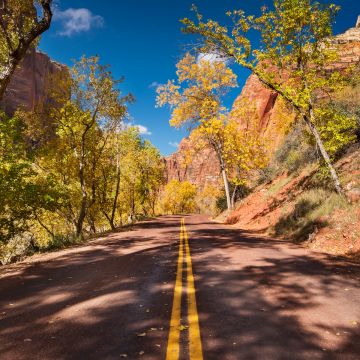 Open Road, Autumn trees, Landscape, Blue Sky, Cliffs