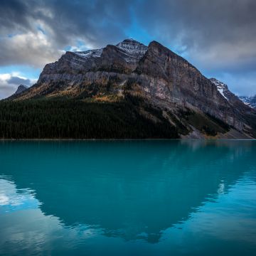 Blue lake, Landscape, Scenery, Body of Water, Mountain Peak, Reflection, Green Trees, Snow covered, Cloudy Sky