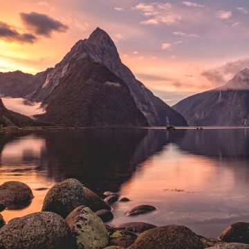 Fiordland National Park, Milford Sound, Mitre Peak, New Zealand, Sunset, Body of Water, Rocks, Lake, Reflection, Fog