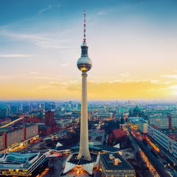 Berlin TV Tower, Berliner Fernsehturm, Germany, Landmark, Sunset, Cityscape, City lights, Clear sky, High rise building, Skyline, Skyscrapers