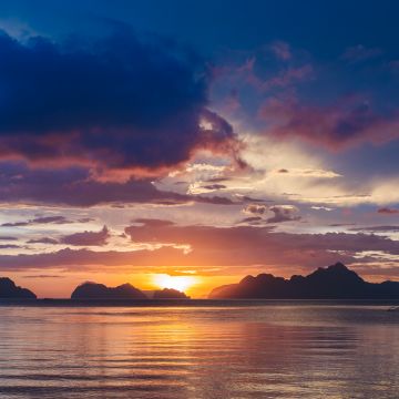 Bacuit Bay, Corong Beach, Philippines, Seascape, Sunset, Body of Water, Silhouette, Mountains, Cloudy Sky, 5K