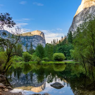 Yosemite Lake, Reflection, Green Trees, Body of Water, Woods, Landscape, Scenery, Greenery, Pleasant, Valley, Clear sky, Yosemite National Park, 5K