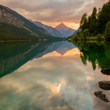 Lake Plansee, Austria, Thaneller Mountain, Landscape, Mirror Lake, Reflection, Green Trees, 5K