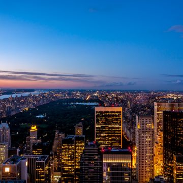 New York City, Dusk, Skyline, Cityscape, City lights, Skyscrapers, Blue Sky, Horizon