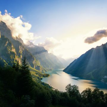 Klöntalersee Lake, Alps, Switzerland, Landscape, Mountains, Sunset, Sun rays, Clouds, Green Trees, Scenery