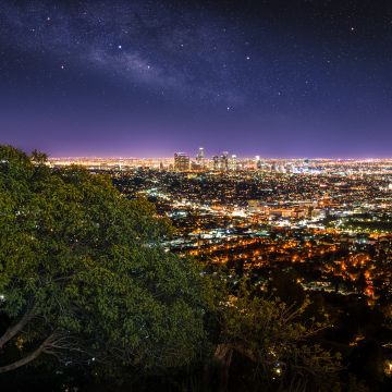 Los Angeles City, Cityscape, City lights, Night time, Horizon, Starry sky, Green Tree, Purple sky, Skyscrapers