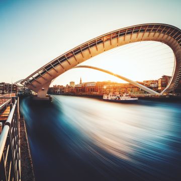 Gateshead Millennium Bridge, United Kingdom, Landmark, River Tyne, Long exposure, Sunset, Body of Water, Boat, Curve, 5K