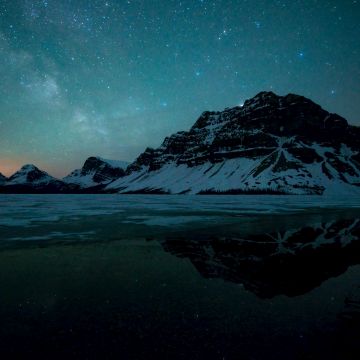 Bow Lake, Banff National Park, Canada, Bow River, Astronomy, Milky Way, Starry sky, Landscape, Reflection, Mountains, Night sky, Snow covered, 5K