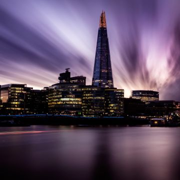 The Shard, London, England, Landmark, Cityscape, City lights, Skyscrapers, River Thames, City Hall, Skyline, Long exposure, Sunset, Purple sky