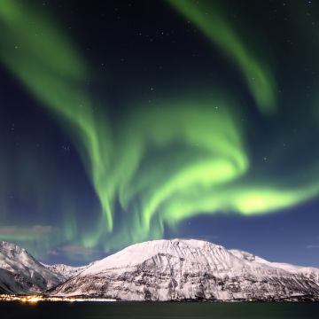 Aurora Borealis, Astronomy, Northern Lights, Mountains, Snow covered, Landscape, Stars, Night sky, Scenery