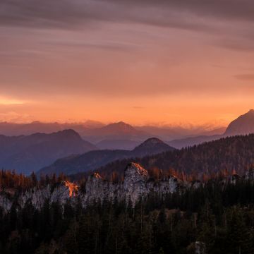 Alpenglow, Sunrise, Mountain range, Glacier mountains, Green Trees, Landscape