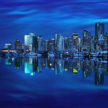 Coal Harbour, Vancouver City, Canada, Cityscape, Body of Water, Reflection, Blue background, Skyscrapers, City lights, Dusk, Boats, Skyline