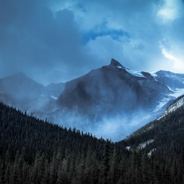 Yoho National Park, Canada, Mountain range, Misty mountains, Snow covered, Cloudy Sky, Alpine trees, Landscape, 5K