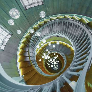 Spiral staircase, Chandelier, Wooden stairs, 5K, 8K