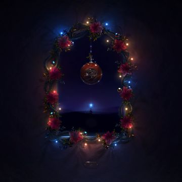 Christmas decoration, Merry Christmas, Night, Dark background, Lights, Garland, AMOLED, Aesthetic Christmas, Navidad, Noel