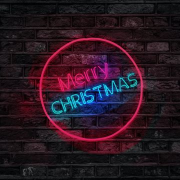 Merry Christmas, Neon, Brick wall, Dark, Colorful, Neon sign, 5K, Navidad, Noel