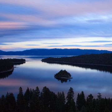 Emerald Bay, Lake Tahoe, California, Silhouette, Mountains, Mountain range, Reflection, Island, Landscape, Sunset