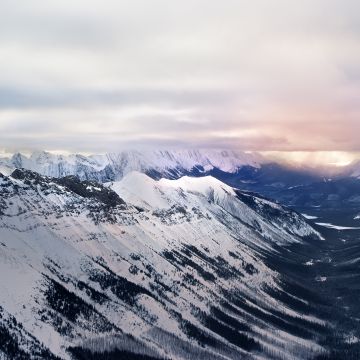 Cloudy, Glacier mountains, Snow covered, Sunrise, Landscape, Mountain range, Misty, Winter