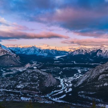 Banff National Park, Sulphur Mountain, Canada, Sunset, Bow Valley vantage point, Landscape, Snow covered, Winter, Village, Mountain range, Landscape