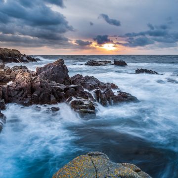 Kullaberg Nature Reserve, Sweden, Seascape, Rocky coast, Sunset, Clouds, Horizon, Waves, Long exposure