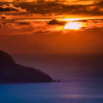 Mallorca Island, Spain, Sunset Orange, Cloudy Sky, Ocean, Dusk, Coastal, Body of Water, Landscape, 5K