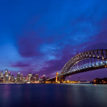 Sydney Harbour Bridge, Sydney Opera House, Metal structure, Australia, Cityscape, City lights, Purple sky, Skyscrapers, Night time, Body of Water, Dusk, 5K