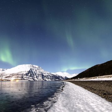 Lyngenfjord, Norway, Aurora Borealis, Northern Lights, Glacier mountains, Lake, Reflection, Night sky, Stars, Winter, Snow covered, Landscape, Scenery