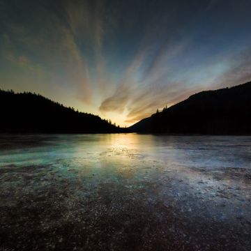 Rose Valley Reservoir, British Columbia, Canada, Sunset, Frozen, Silhouette, Landscape, Dusk, 5K